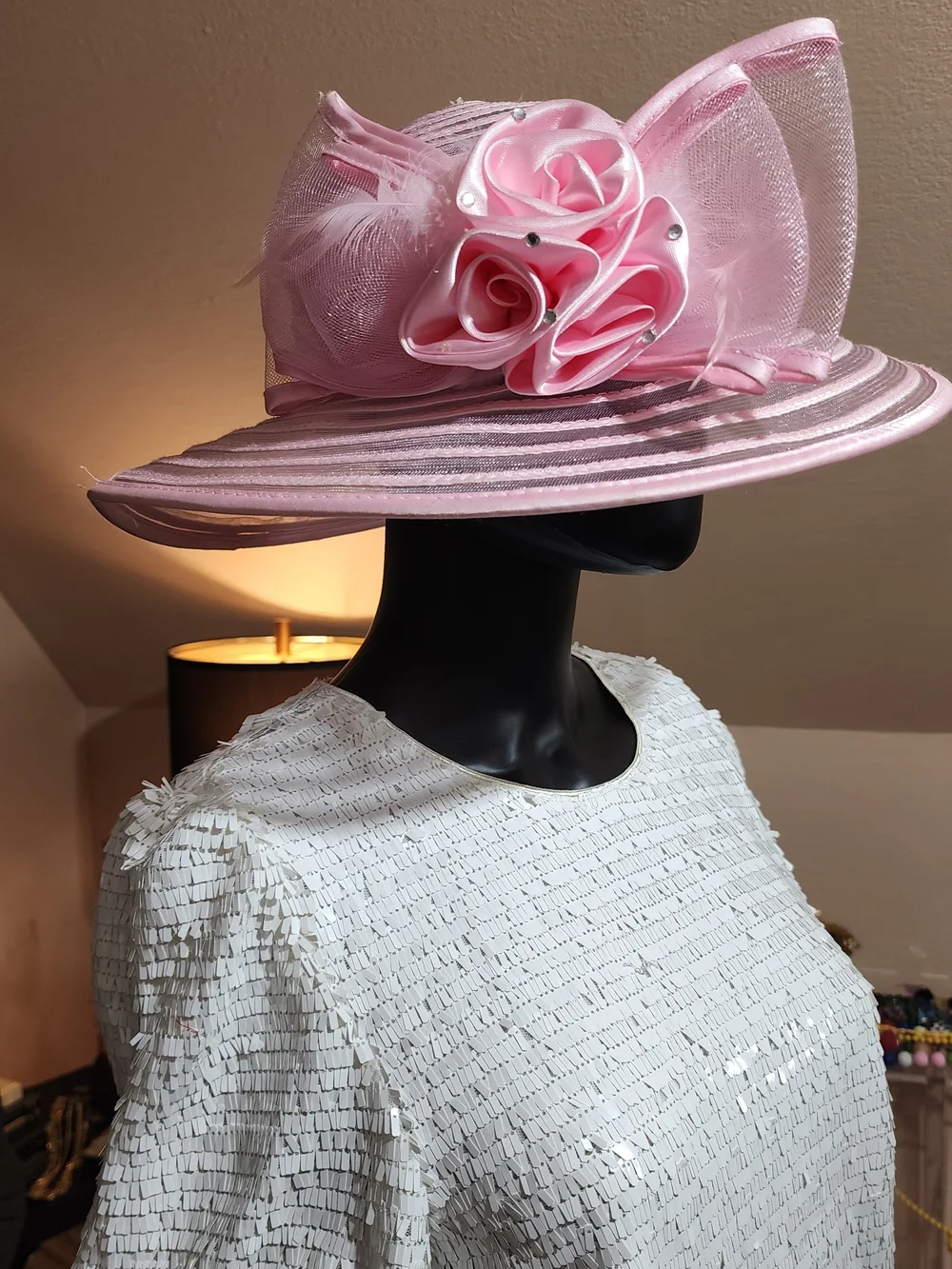 Vintage 80's Pink Wide-Brim Hat with Satin Rose and Sheer Bow